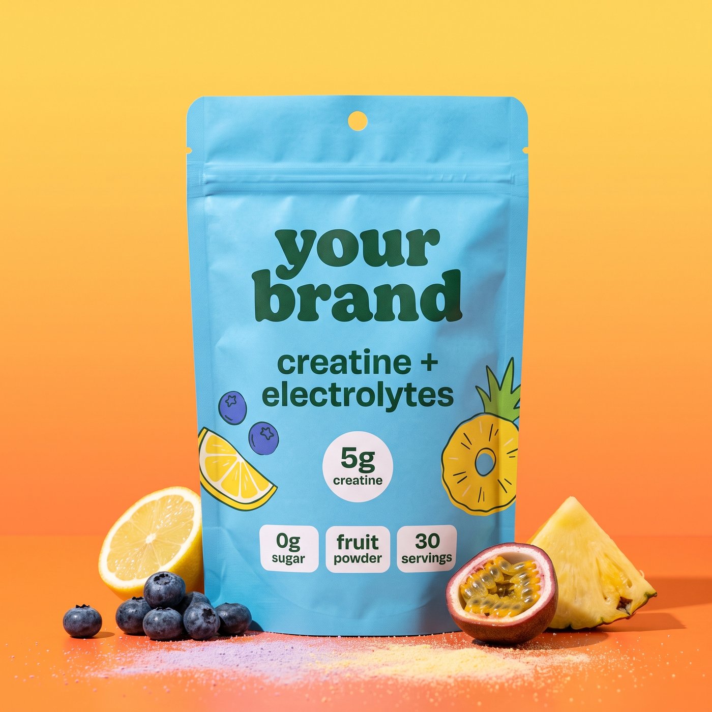 Unbranded sky blue stand-up pouch labeled your brand, creatine plus electrolytes, 5 g creatine, surrounded by blueberries, lemon, passionfruit and pineapple